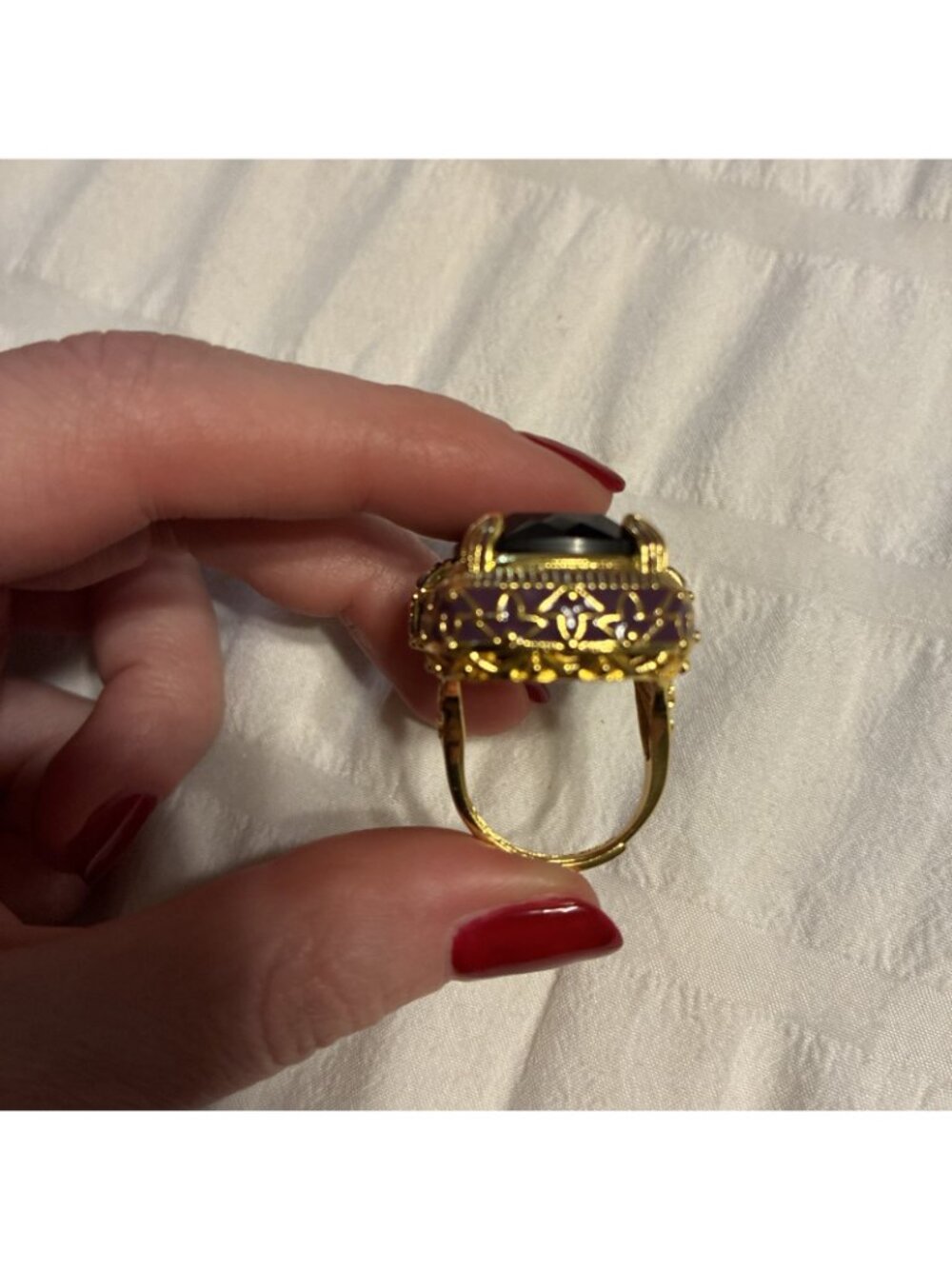 Chunky Large Purple Crystal Gold Metal Ring Adjustable Fashion Royal Jewelry - Picture 6 of 9